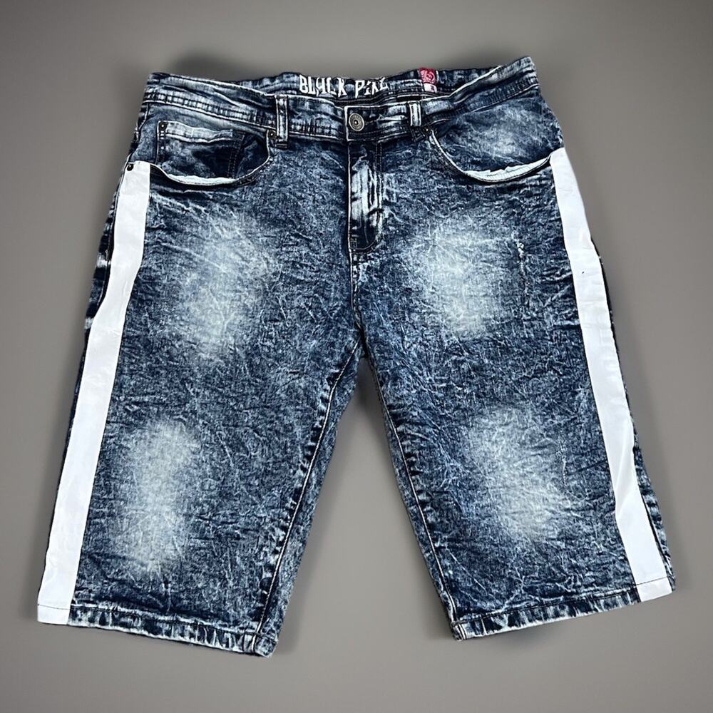 Black Pike Mens 36 Acid Wash Stripe Denim Jean Shorts Y2K Skater Thrashed